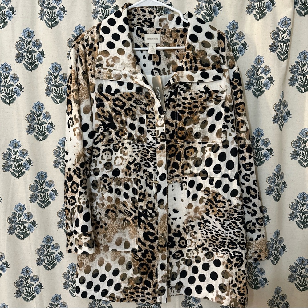NWT CHICO'S 3/4 Length Jacket Animal Print Size 1 Drawstring Waist Gold Accents